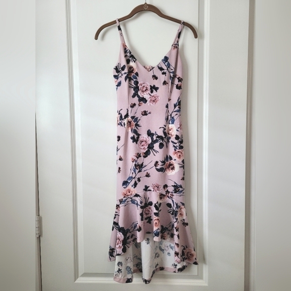 NWT AQUA Flounce Hem Pink Rose Floral Midi Dress XS - Picture 2 of 4